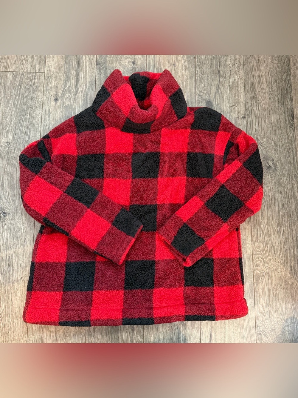 LOFT Sherpa Fleece Pullover Medium Red Black Buffalo Plaid Cozy